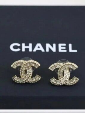 CHANEL Crystal CC Logo Earrings in Gold Tone